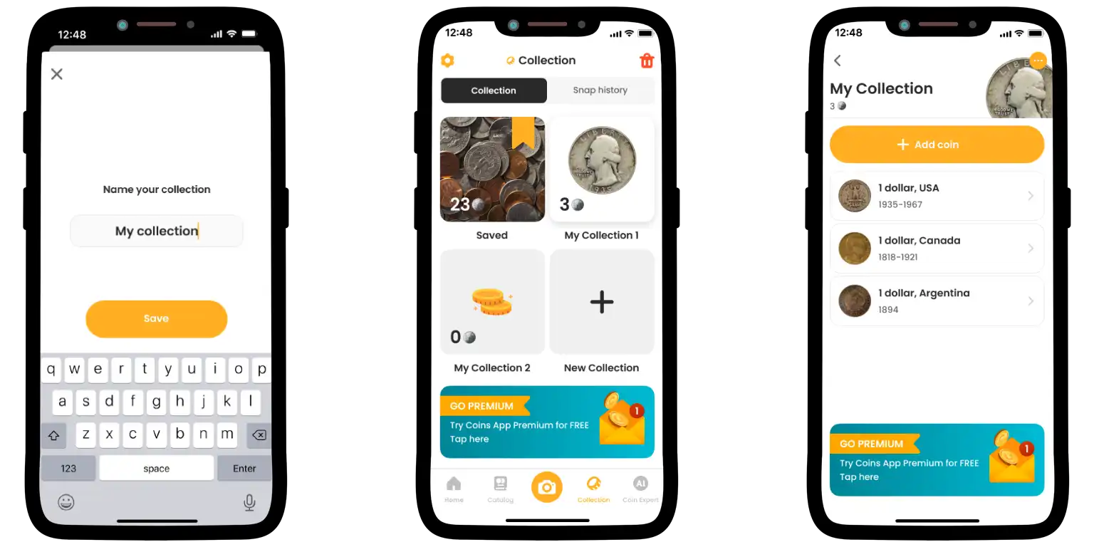 Coin app screens: name collection, view dashboard, and list coins.