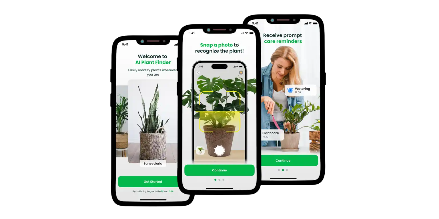 AI Plant Finder onboarding screens: plant ID, photo scan, care reminders.